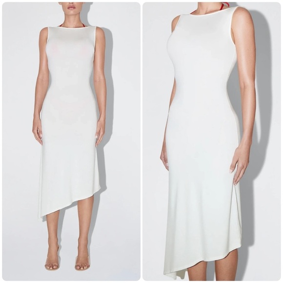 Khy Soft Stretch Asymmetric Midi Dress in Stone 🤍 Small - Picture 1 of 9